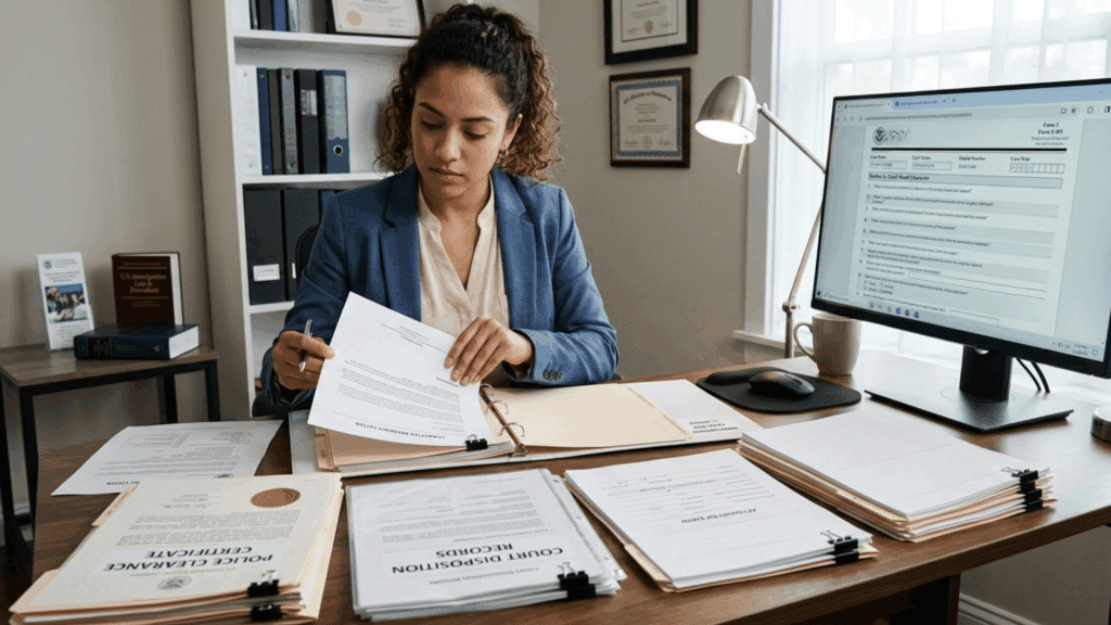 An image of a person organizing documents related to immigration