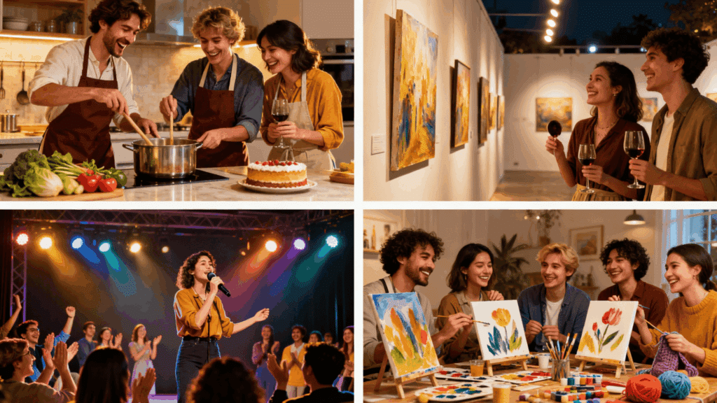 Collage of creative activities, friends cooking, couple viewing art in a gallery, woman singing on stage, and group painting together