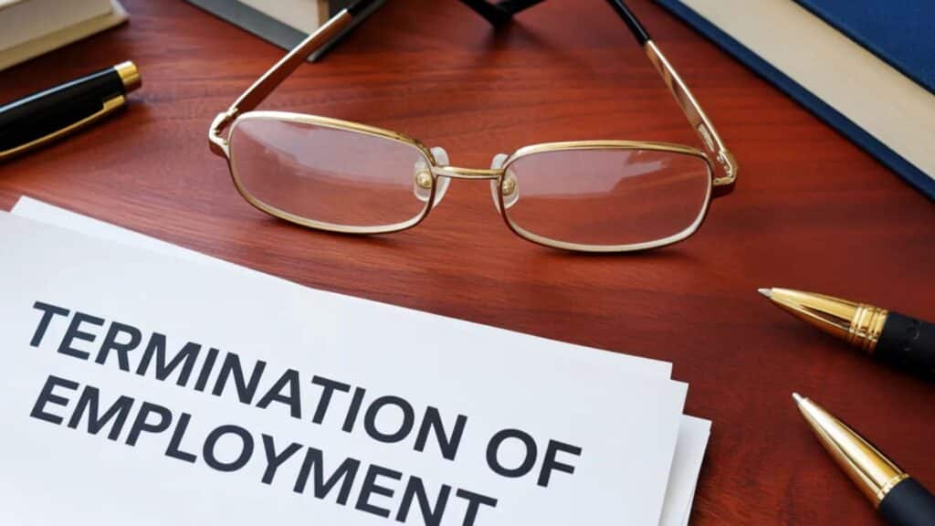 Document titled Termination of Employment with glasses and pens on desk, illustrating common reasons for termination