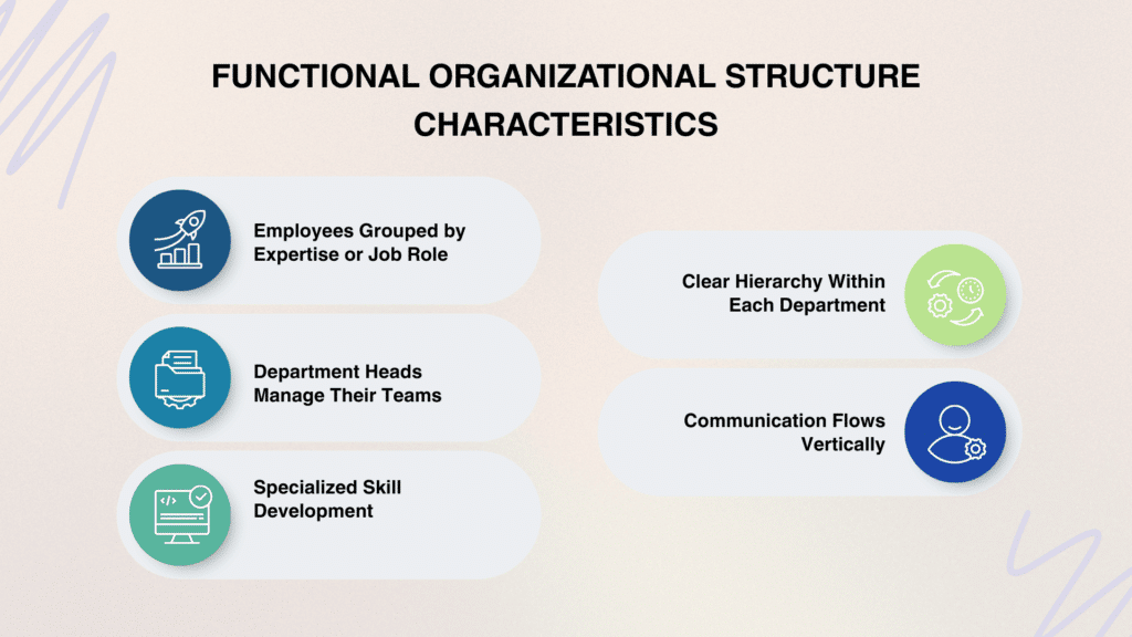 Functional organizational structure characteristics grouped roles, dept heads, skill growth, clear hierarchy, vertical communication.