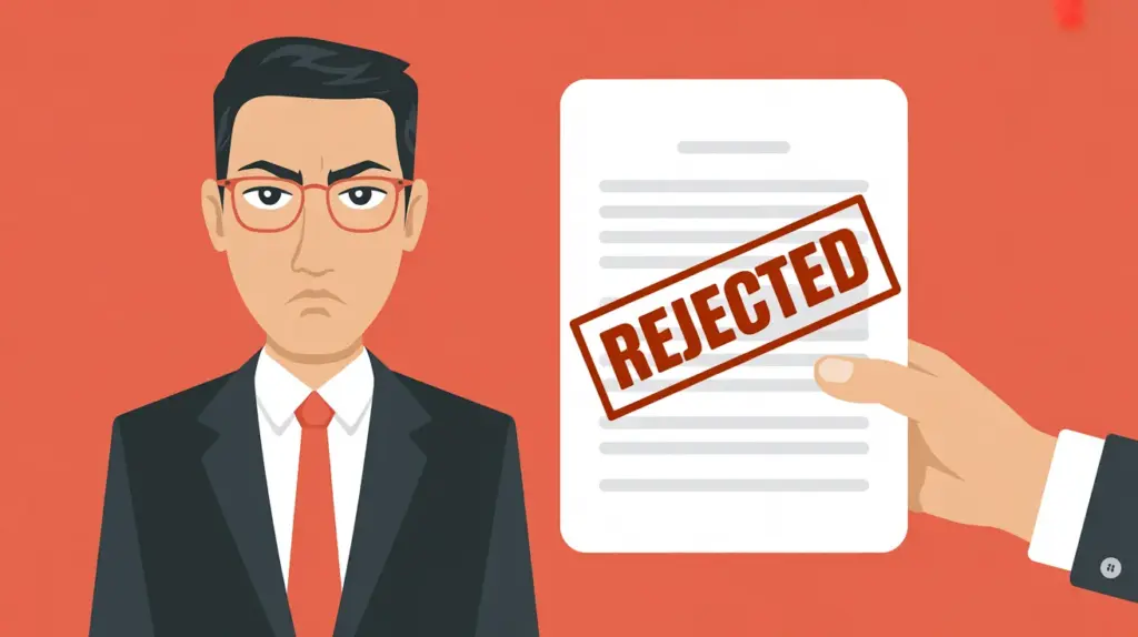 Illustration of a sad businessman with a document stamped Rejected, concept for how to write a rejection email