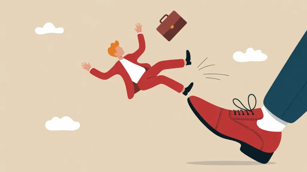 Illustration of businessman being kicked and falling, symbolizing common reasons for termination in the workplace