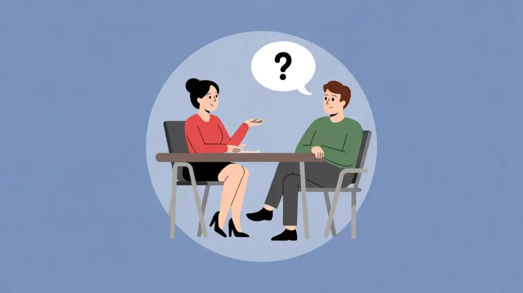Illustration of interviewer and candidate discussing with question mark, concept of strategic interview questions to ask candidates