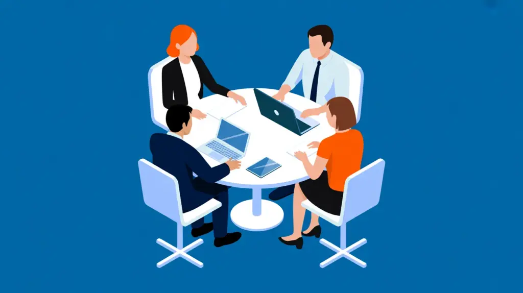 Team meeting around table with laptops, representing strategic interview questions to ask candidates in hiring discussions