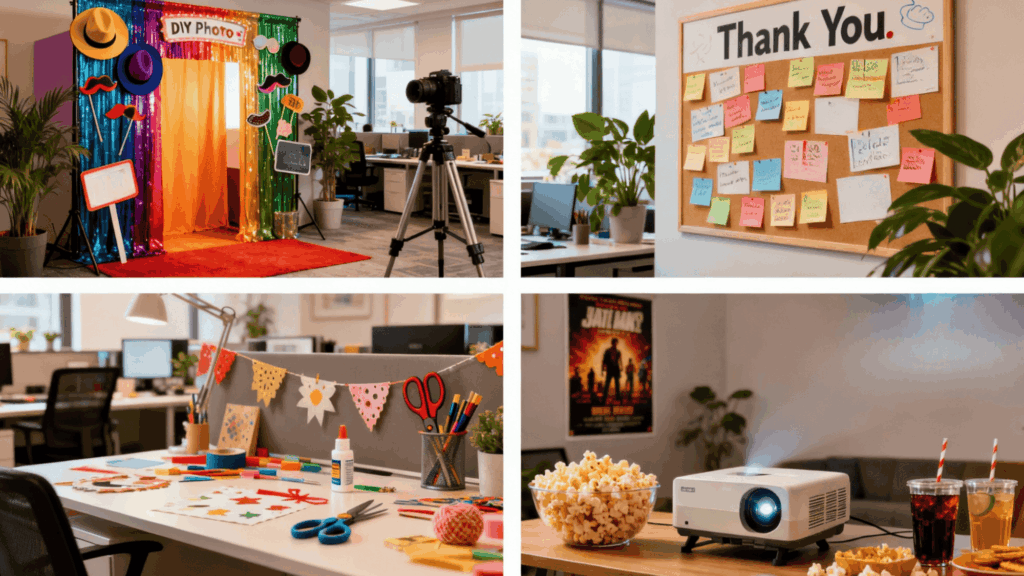 a four grid collage of four different activities diy photo booth, thank you wall, diy craft and movie show in an office (1)