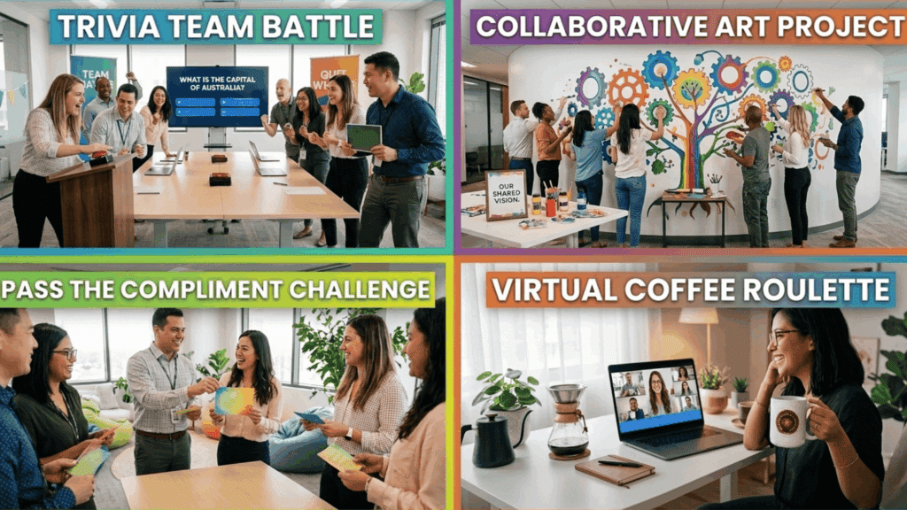 a four grid collage of trivia team battle,collaborative art project,pass the compliment Challenge,virtual Coffee Roulette (1)