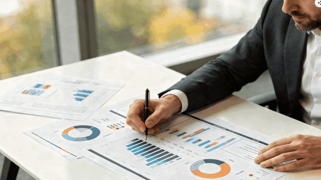 business professional analyzing performance charts and planning management decisions.