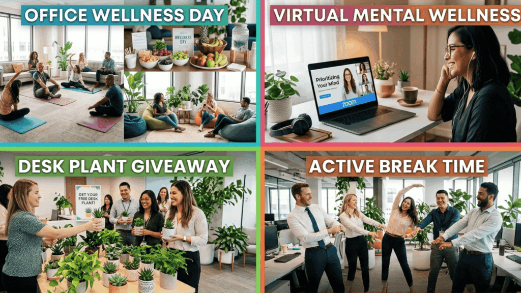 four different activities in an office representing office wellness,desk plant giveaway, active break times and virtual mental healthness