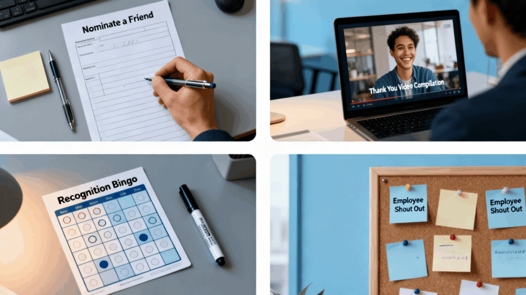 four different activities nominating a friend,thank you video note,recognition bingo and employee stand out for increasing the morale of employees