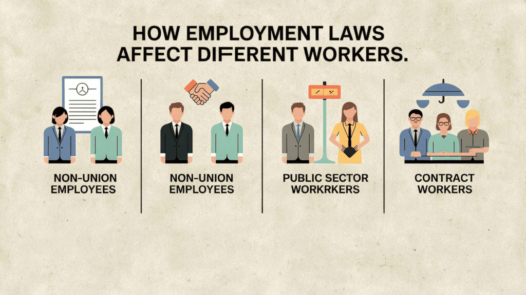 how Employment Laws Affect Different Workers” showing four sections for non-union employees, union employees, public sector workers, and contract workers, each represented with simple icons and il