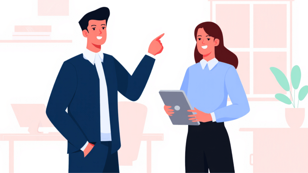 illustration of a man and a woman having a conversation in an office, with the man pointing and the woman holding a tablet