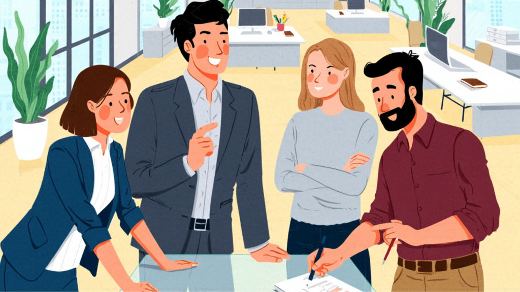 illustration of four professionals collaborating in an office, discussing over a table with documents and laptops