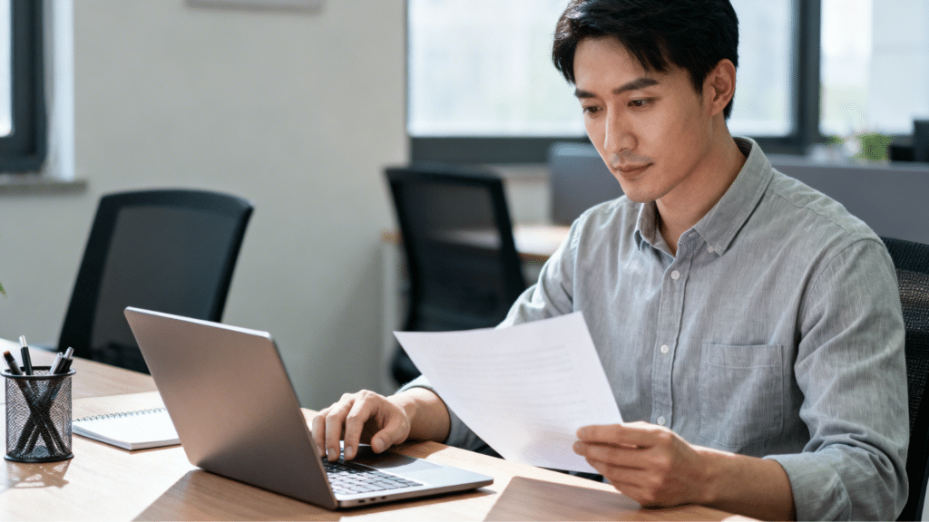 man in office reading documents with a laptop on the table