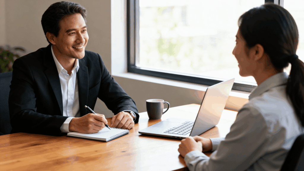 manager having a one-on-one meeting with an employee while taking notes in a modern office.