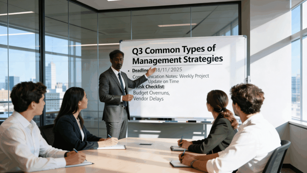manager presenting common types of management strategies to a team during an office meeting.