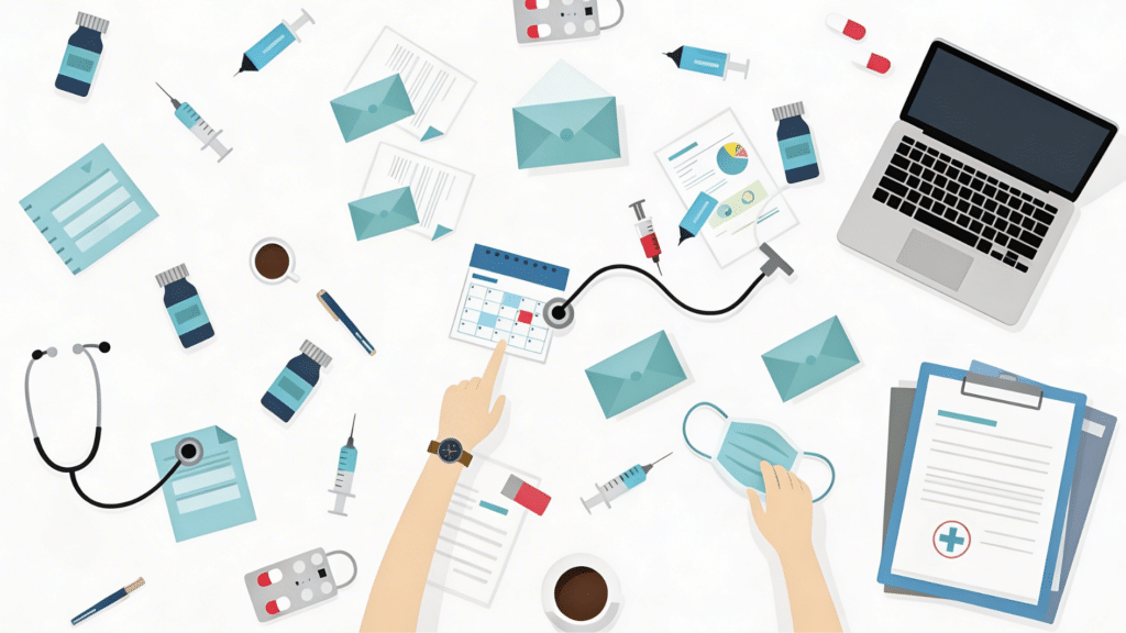 medical documents, syringes, stethoscope, and other healthcare-related items on a desk.