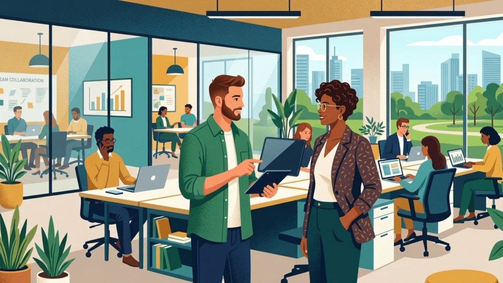 modern office with employees collaborating, working on laptops, and having a conversation in a vibrant, plant-filled workspace.