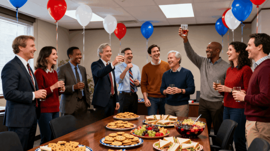office party and people laughing and enjoying
