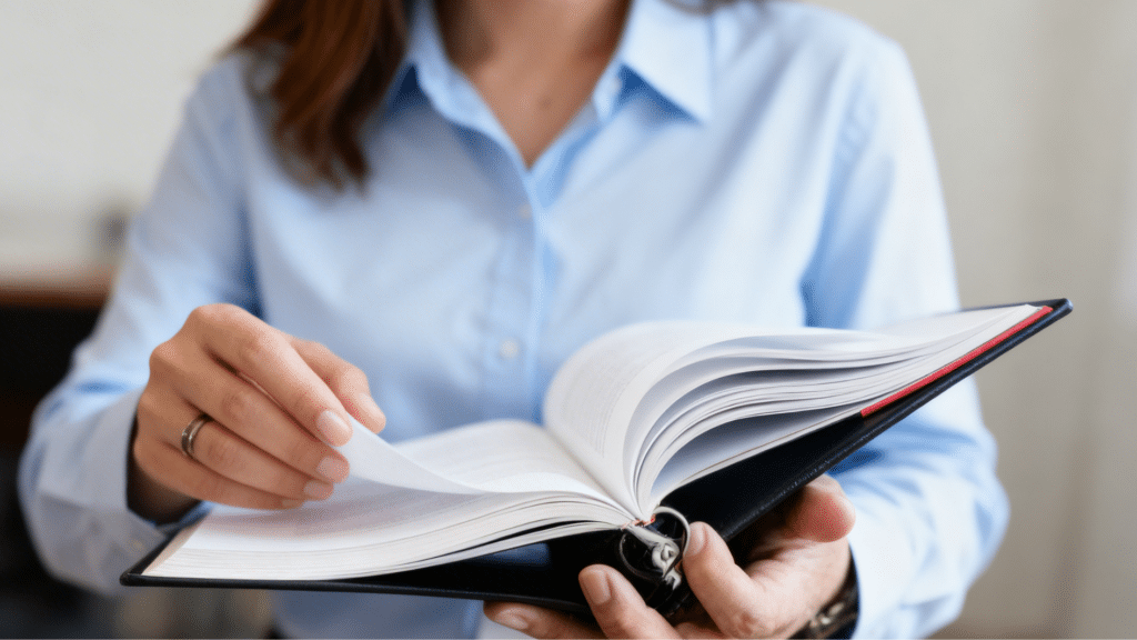 person holding an open book with pages being turned.
