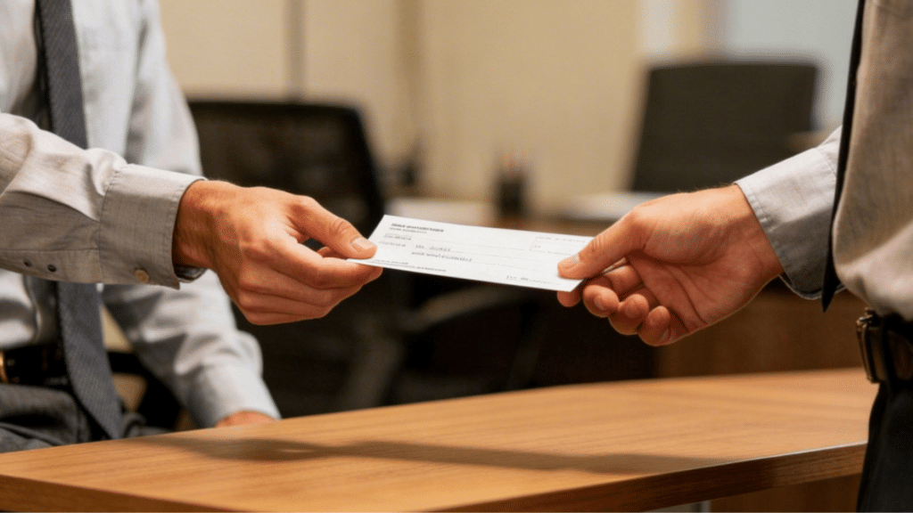 person receiving a check from another person in an office setting