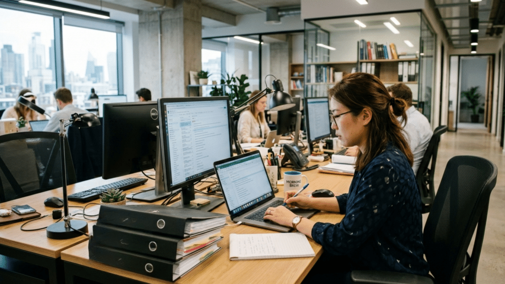 person working in an office with multiple computer screens, documents, and files, while colleagues are working in the background.