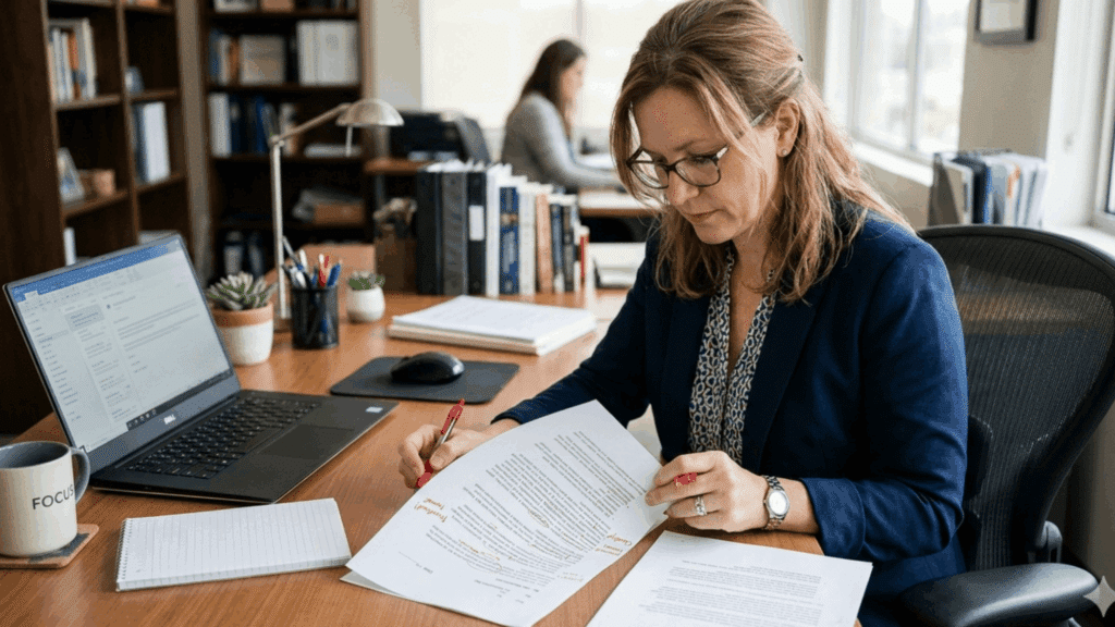 professional woman reviewing a letter of support with a red pen at a desk beside a laptop documents and books in a bright home office