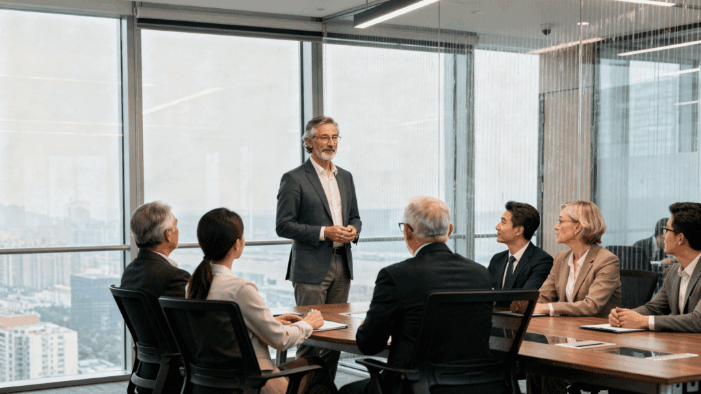 senior business leader speaking to an executive team during a strategy meeting in a modern office.