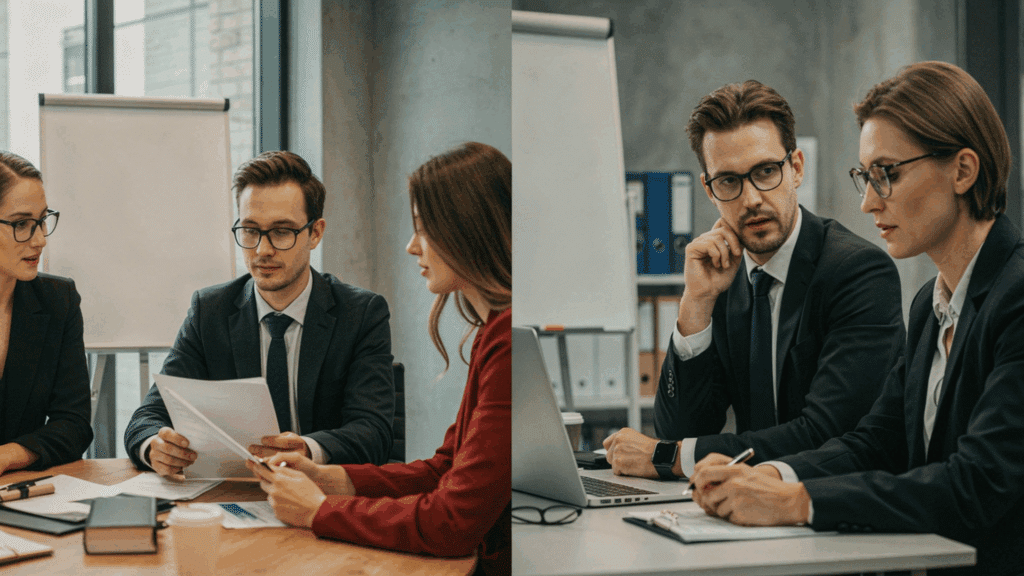 split image showing professionals reviewing union-related documents on one side and employment contract discussion on the other.