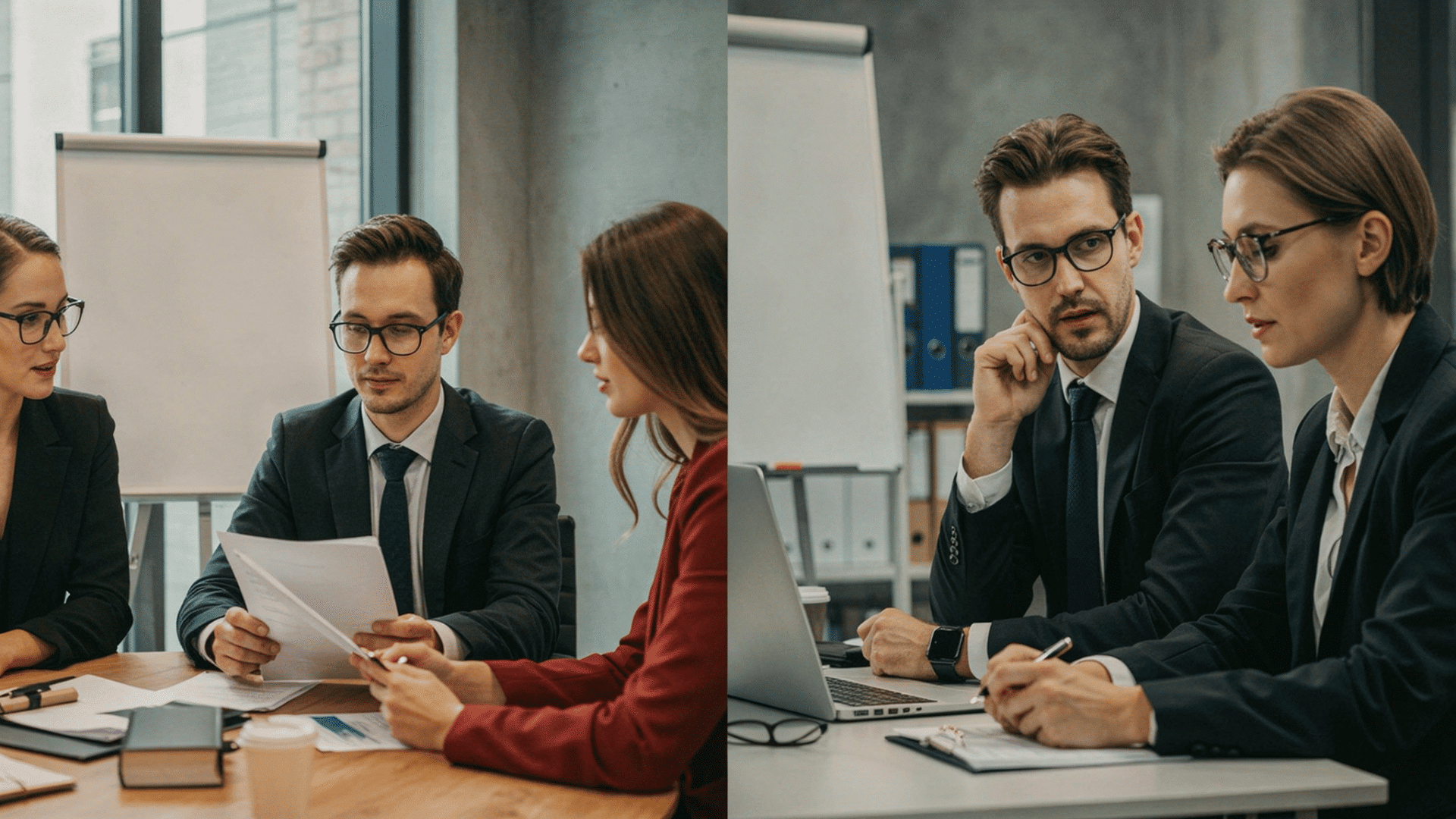 split image showing professionals reviewing union-related documents on one side and employment contract discussion on the other.