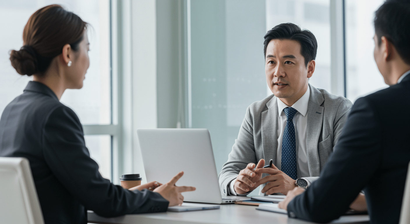 three professionals in business attire having a discussion in an office setting