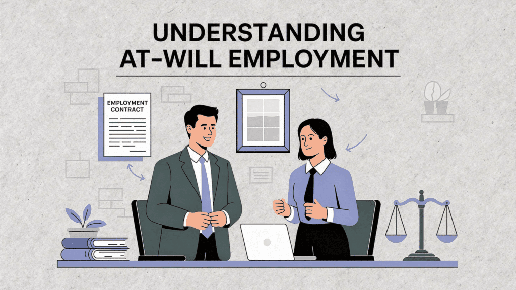 understanding At-Will Employment” showing a male manager and female employee in an office setting, with icons of an employment contract and a justice scale representing legal limits.