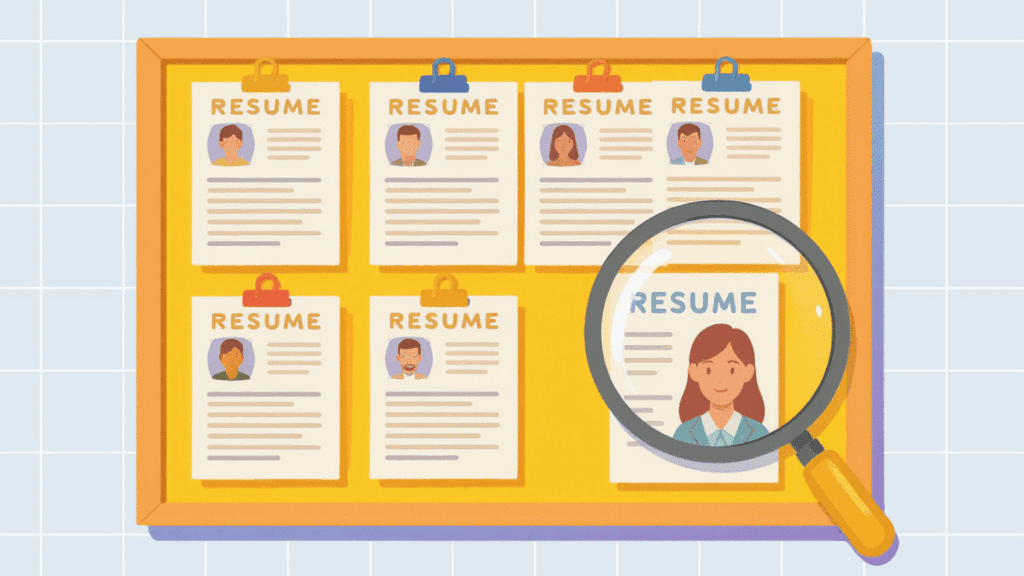 Bulletin board with several resumes clipped in rows and a magnifying glass highlighting one resume document.