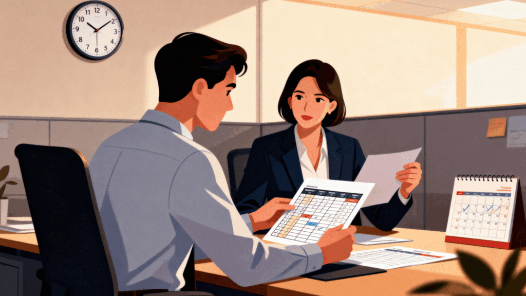 HR manager and employee reviewing comp time policy with a clock and schedule sheet on desk in a corporate office setting