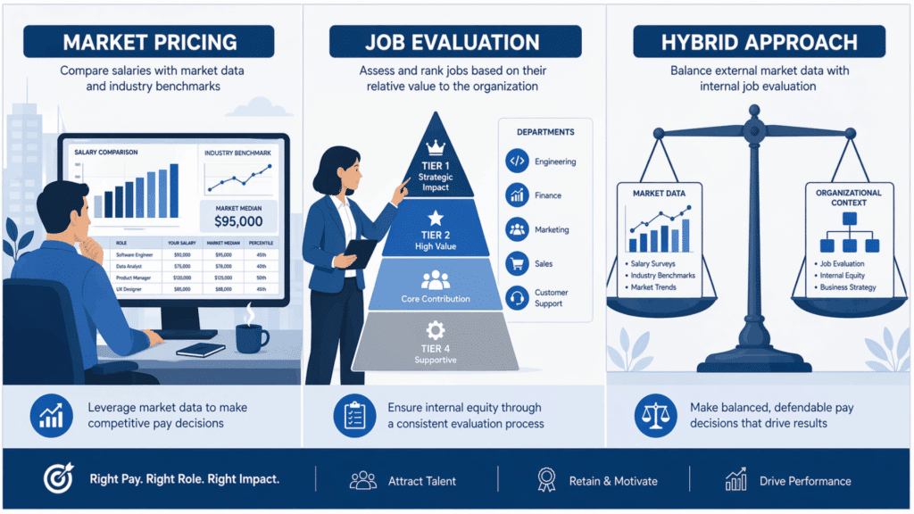Illustration collage showing three compensation structure approaches market pricing, job evaluation method, and hybrid approach in a corporate flat design style