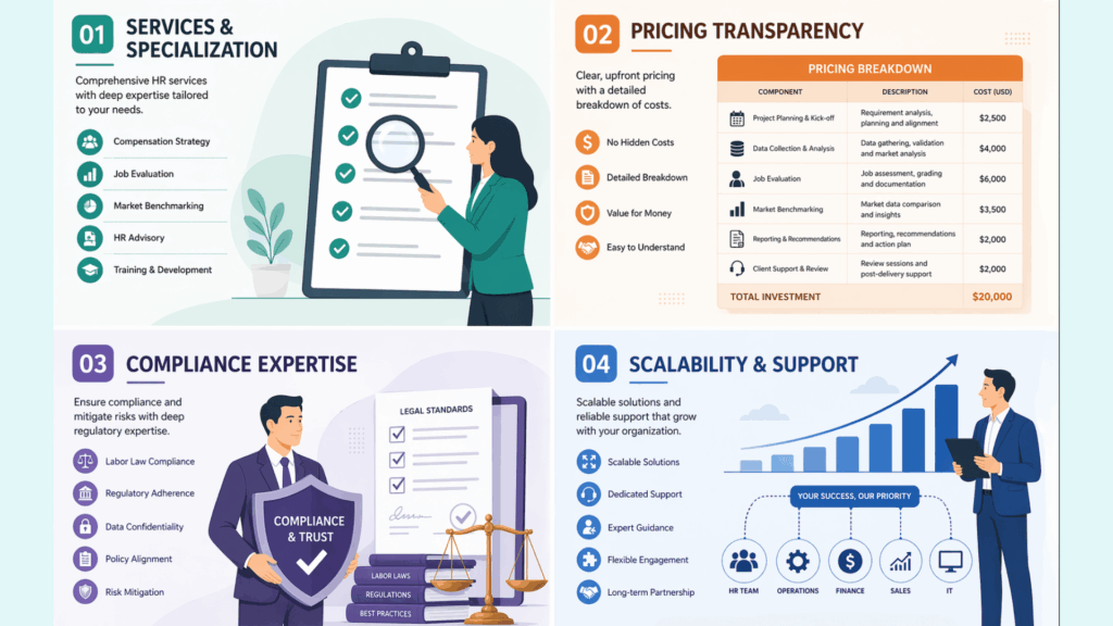 Illustration collage showing three compensation structure approaches market pricing, job evaluation method, and hybrid approach in a corporate flat design style