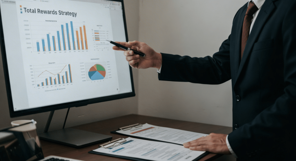 Professional presenting total rewards strategy with charts on screen, pointing at data during business meeting