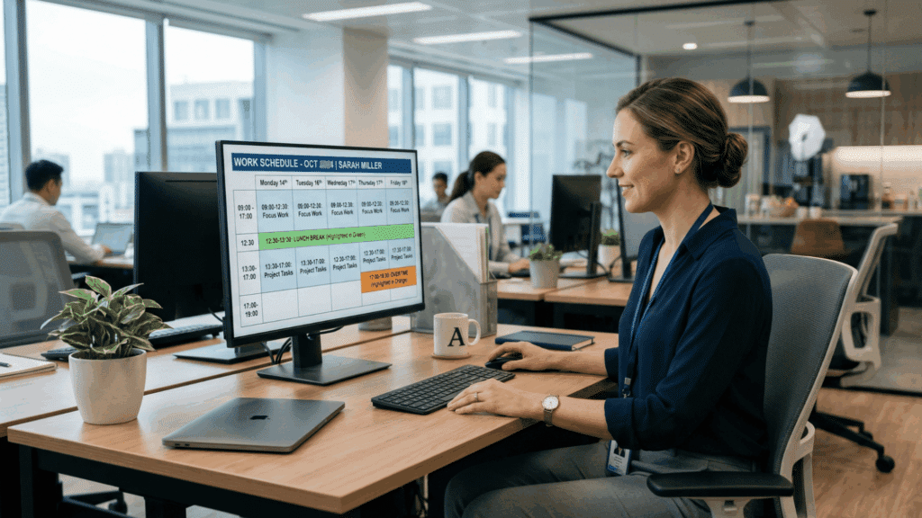 a professional workplace scene where an employee is checking work schedule