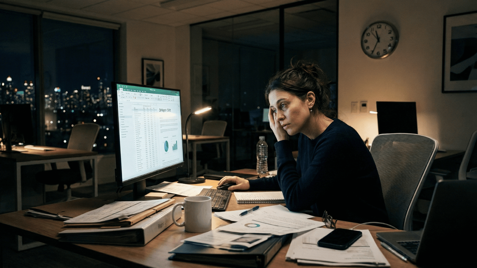 an employee working long hours at a desk in office