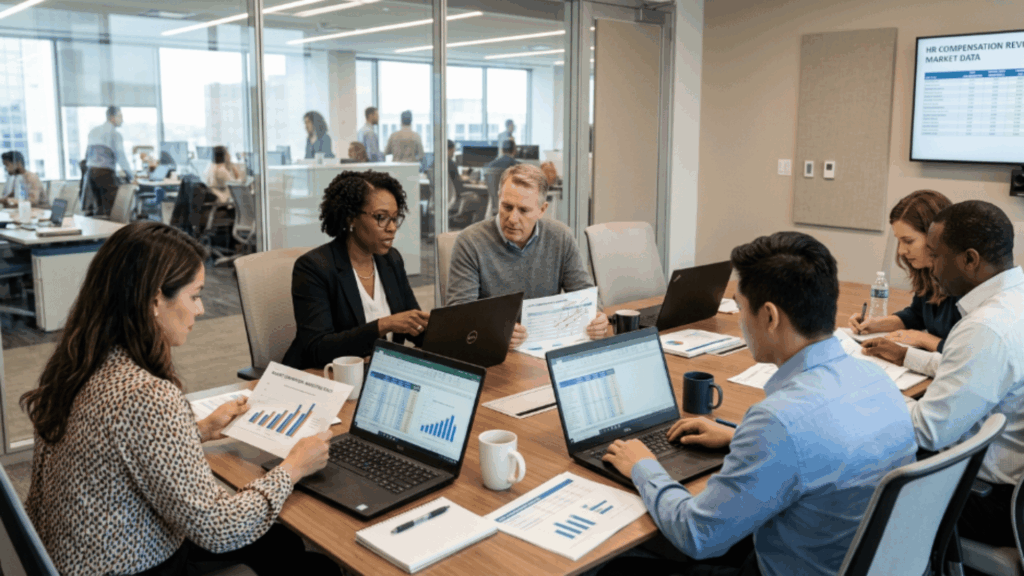 business team analyzing salary benchmarking data on laptops and printed reports during a meeting in a modern office.