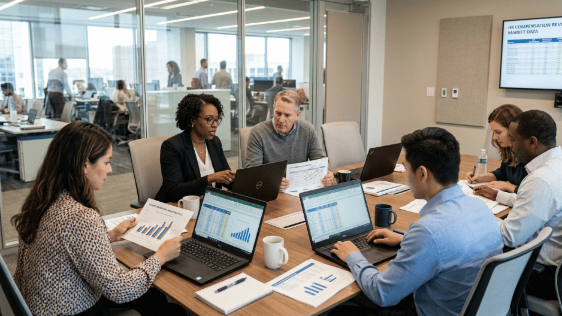 business team analyzing salary benchmarking data on laptops and printed reports during a meeting in a modern office.