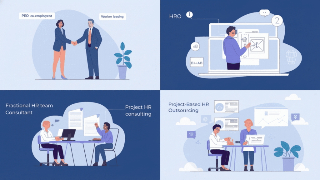 collage showing four types of hr outsourcing including peo hro fractional hr and project based hr services