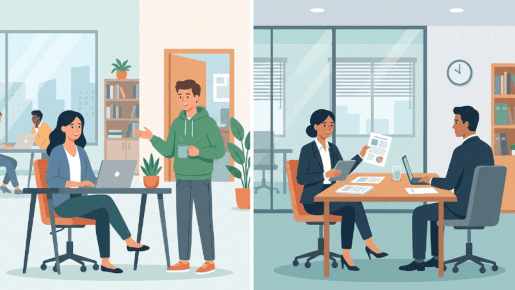 comparison illustration of open door policy and formal communication in a modern office setting