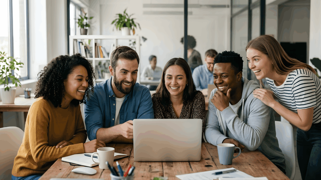 coworkers laughing and looking at laptop together during team activity in modern office setting