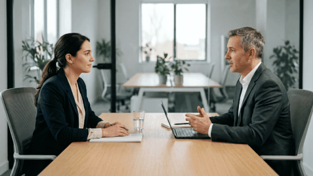 employee and manager having a focused conversation in office, showing respectful and direct communication interaction