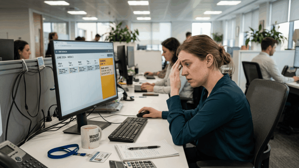 employee looking stressed while checking work schedule with Sunday shift highlighted