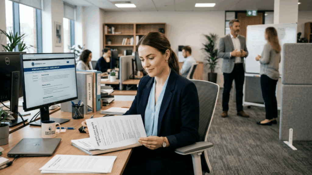 employee reviewing FMLA documents at desk in calm office setting, showing awareness of workplace rights and legal protection