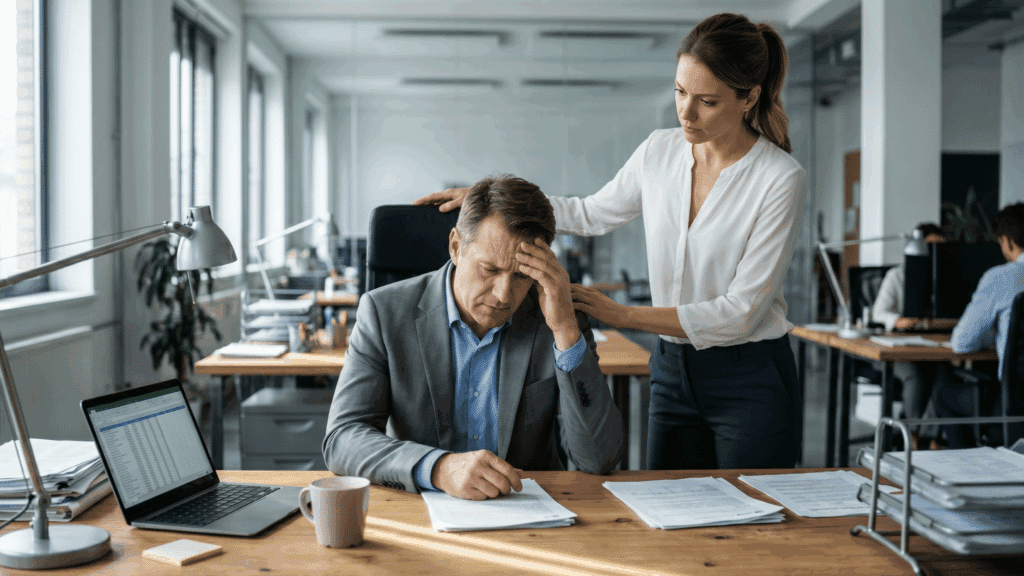 employee reviewing medical document while manager speaks firmly, showing tension in workplace after taking leave