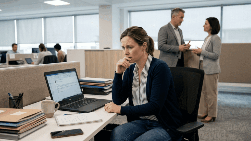 employee sitting at desk looking concerned while coworkers talk in background, reflecting possible workplace tension after leave