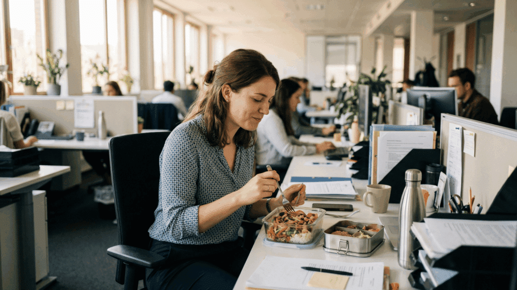 employee taking a meal break at desk in the office