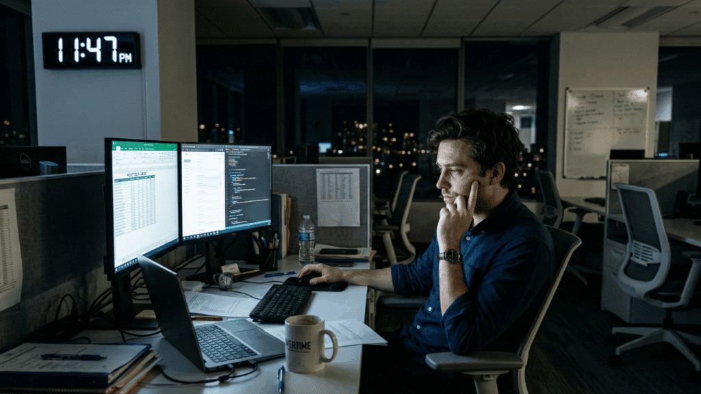 employee working late in office with computer screen glowing, clock showing extended hours